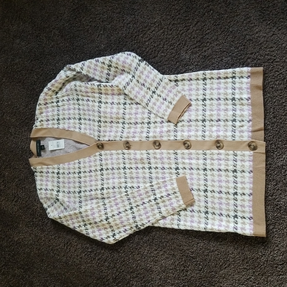 Ann Taylor Cream Houndstooth Long Cardigan with Tan Trim